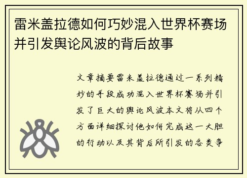 雷米盖拉德如何巧妙混入世界杯赛场并引发舆论风波的背后故事